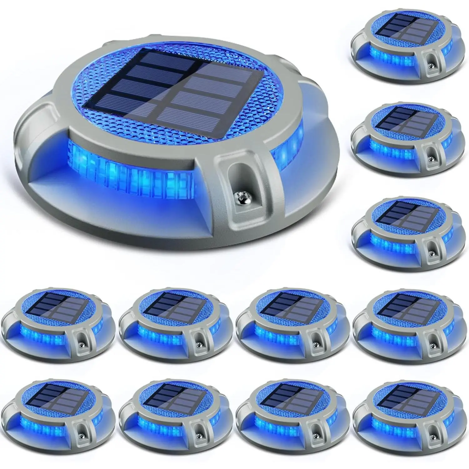 Solar Driveway Lights Outdoor 4 Modes 40 LEDs Deck Driveway Markers Marine Dock Light  for Ground Walkway Pathway Step Garden Yard, Blue/White Dynamic Lighting (12 Pack)