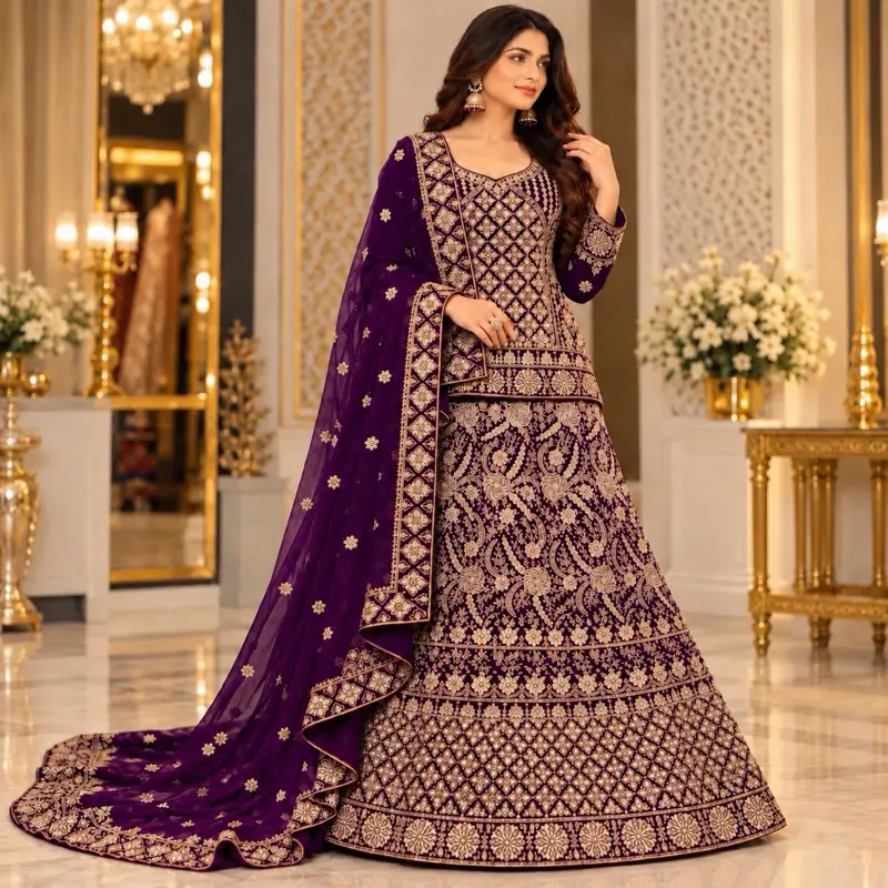 Bridal Purple Long Lehenga Choli Dress - Velvet Fabric with Embroidered, Thread, Zari, and Zircon with can-can