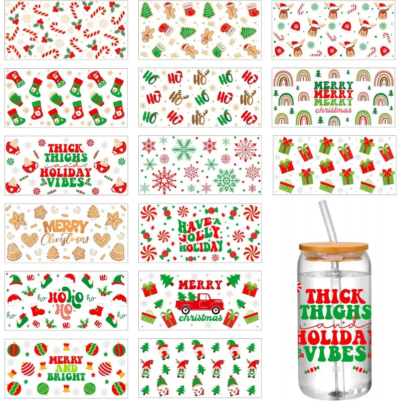 15 Sheets Christmas UV Dtf Cup Wraps Red Green Xmas Glass Sticker for Cups Waterproof Rub on Transfers Gingerbread Man Elk Mug Sticker Decals for Crafting DIY Merry Christmas Holiday Vibe