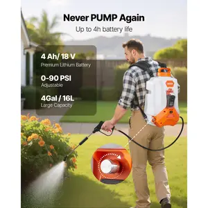 VEVOR Battery Powered Backpack Sprayer, 4 Gallons Electric Backpack Sprayer, 2 Wands & 8 Nozzles, Adjustable 0-90 PSI, 4H Runtime, Portable Yard Garden Lawn Sprayers for Weeding Spraying Cleaning