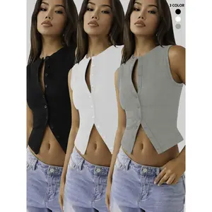 Women’s basic solid ribbed fitted tank top with front buttons, casual sleeveless round-neck top for all seasons, tank tops, ladies’ clothing for daily wear