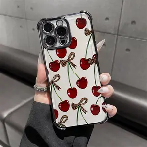 Cherry leopard print bow pattern four-corner shockproof transparent electroplated protective phone case for iPhone 17 Air 16Pro Max 15 14Plus 13 12 11 XS Samsung Galaxy S26 Ultra S25 Plus S24 FE S23,Simple and stylish.HM178