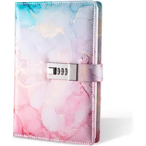 Diary with Lock, A5 Lockable Journal, PU Leather Combination Lock Diary, Lock Diary Planner Organizer for Men and Women, Office Product 8.6 x 5.9 in- Pink