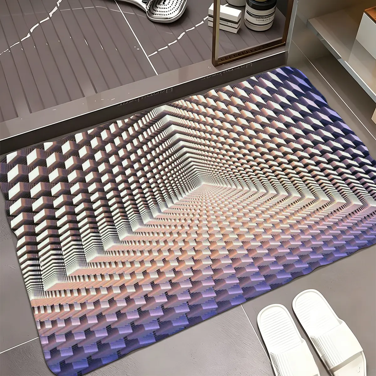 Purple Pink Gradient 3D Cube Tunnel Optical Illusion Flannel Door Mat, 16×24in Geometric Block Vortex Visual Pattern Non-Slip Absorbent Floor Rug for Entryway Bathroom Bedroom Kitchen