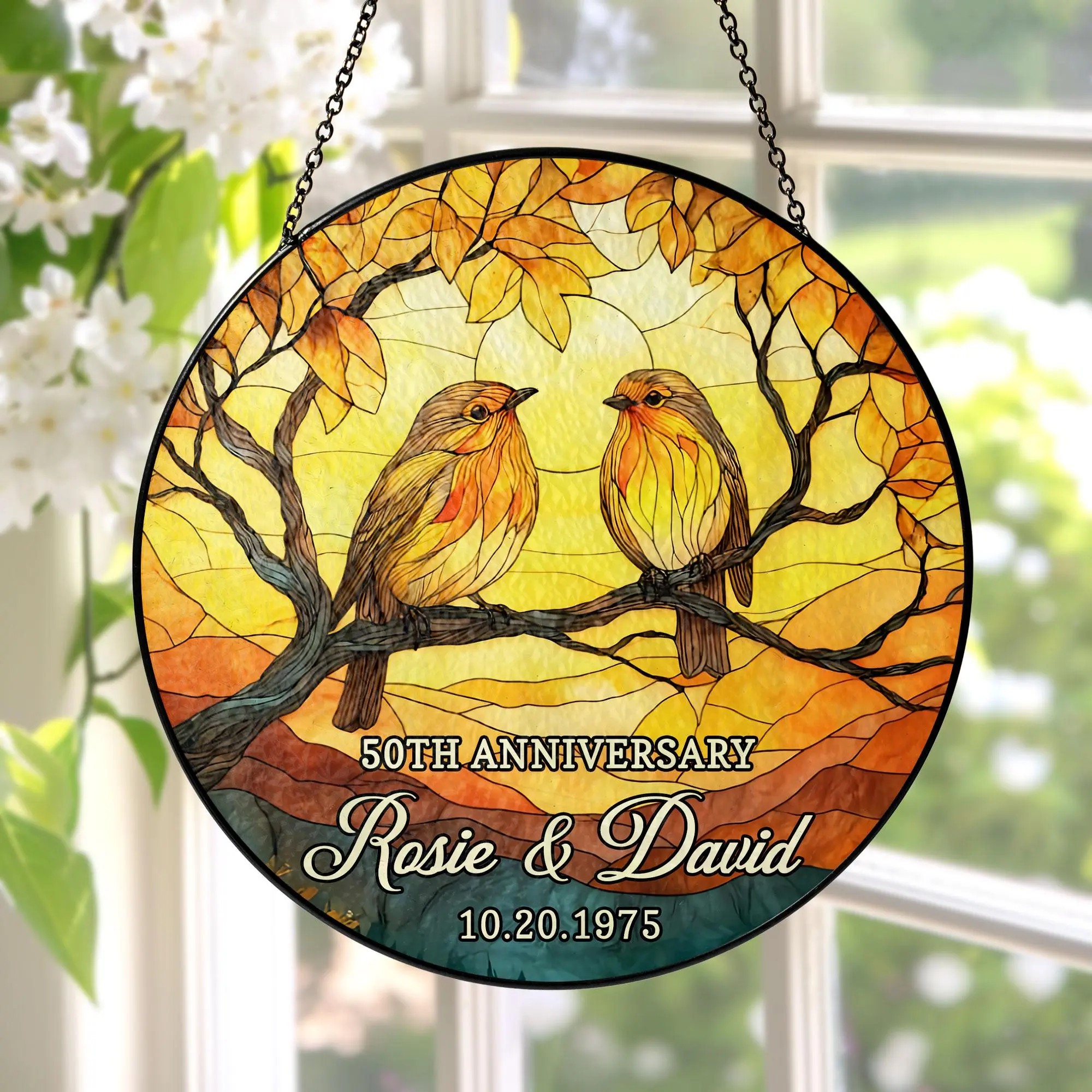 Personalized Wedding Anniversary Gift Lovebirds Glass Suncatcher, 50th Golden Anniversary Gift For Parents Window Hangings Couple Gift Decor