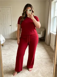 European and American Style Plus Size Solid Color Tight Short Sleeve Top and Micro Flare Pants Set, Casual Two-Piece for Daily Wear Womenswear Clothes