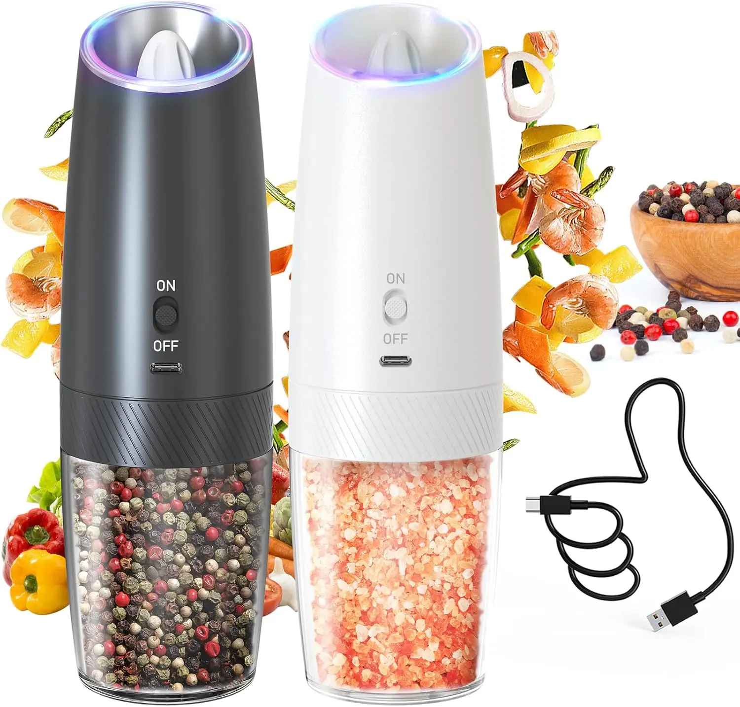 Fathersdaygift Summervibes GlowUp Gravity Electric Salt Pepper Grinder Set Rechargeable Automatic Pepper and Salt Shakers with LED Light,External Adjustable Coarseness,One-Hand Operation for Salt & Spices shop deal Ceramic Container Kitchen Dish Seasoning