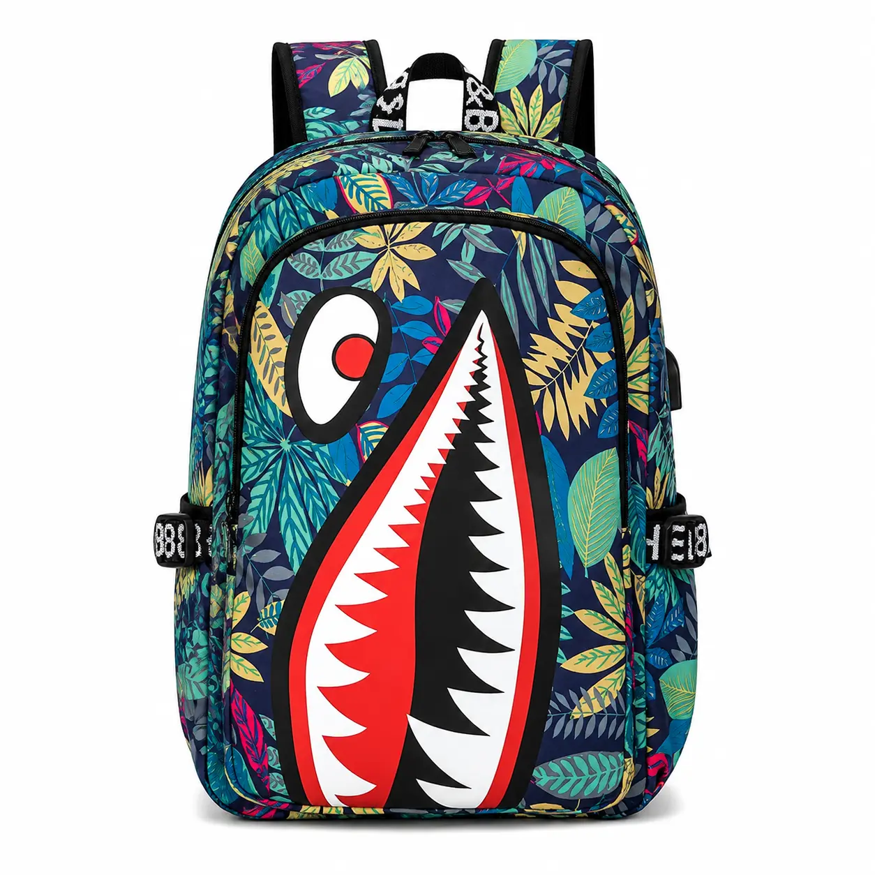 Sprayground Tropical Leaf Floral Shark Mouth Print Backpack - Hype Streetwear Large Capacity Oxford Fabric Laptop Backpack for Teen Boys, Durable Fashion Bag for Back to School Daily Casual Use