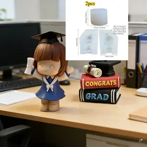Resin Mold 2Pcs 3D Graduation Figurine Silicone Mold Set (Graduate Girl & Congrats Book Stack), for DIY Home Decor & Candle Making, Ideal for Graduation Season, Christmas, Thanksgiving & Housewarming