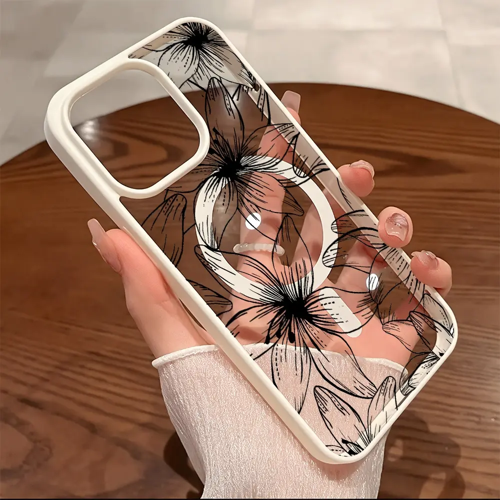 Premium Magnetic Phone Cases for iPhone11/12/13/14/15/16//17/Air/promax/Plus Aesthetic Floral Black Line Lily y2k cased MagSafe Ready, Anti-Fall, Springtok and Ultra-Thin Design | Perfect for Everyday Use Screen Protector Resistance Lightweight Shockproof