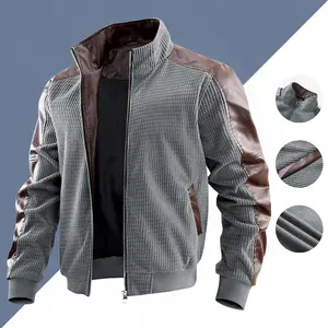 Turtleneck Zipper-up Casual Jacket - Waffle Knit Fabric & Faux Leather Paneling for Stylish Everyday Layers