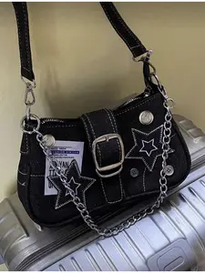 Y2K Punk Style Canvas Crossbody Handheld Shoulder Bag For Women With Chain Strap Star Decor Fashion Versatile Lightweight Casual Bag For Party Vacation Shopping School Outdoor Gift Gothic Punk Adjustable Crossbody Bag