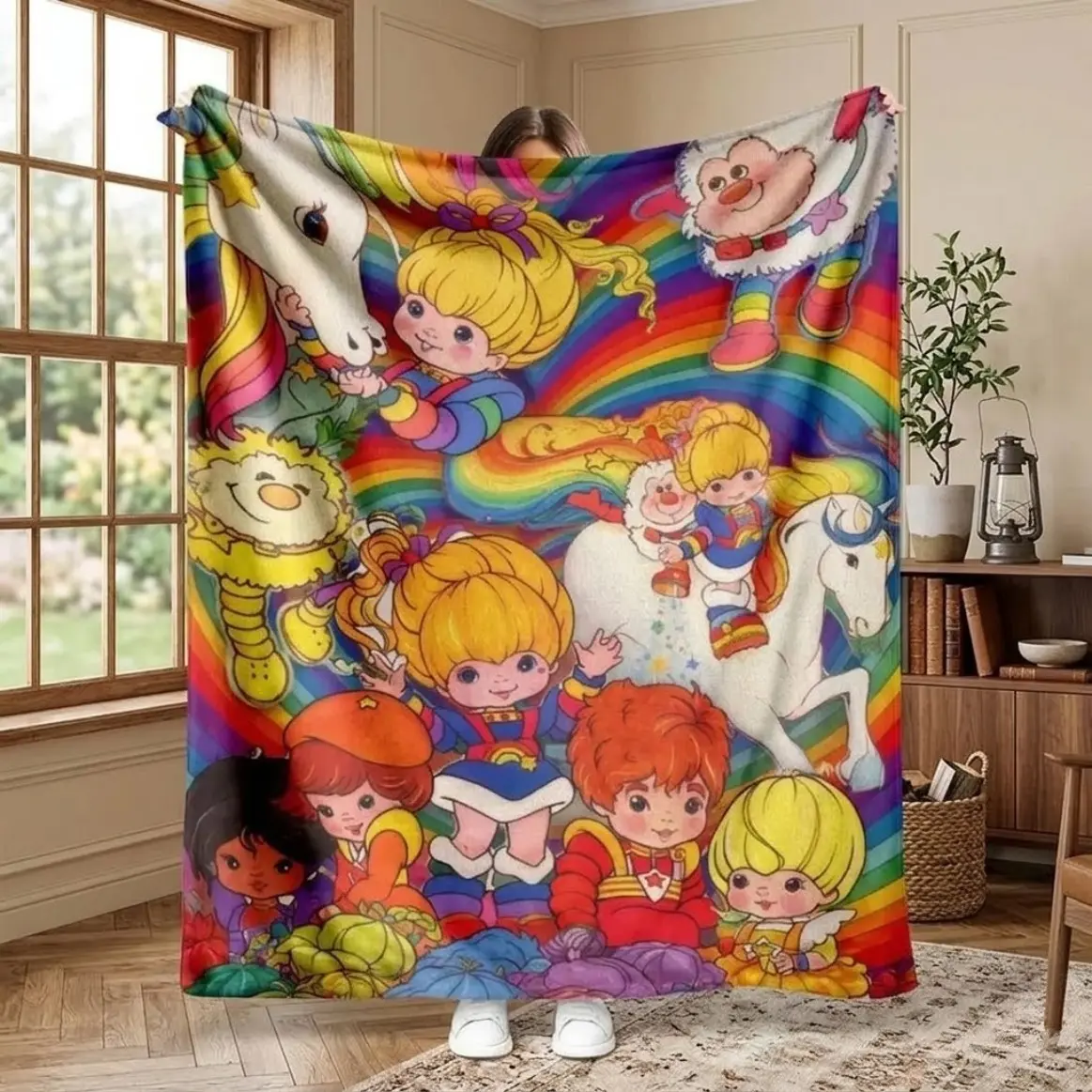 Retro Rainbow Cartoon Flannel Fleece Blanket, Ultra Soft Cozy Warm Plush Throw Blanket for Adults and Kids, Magical Horse Bedroom, Couch, Sofa Decor and Birthday Christmas Gift