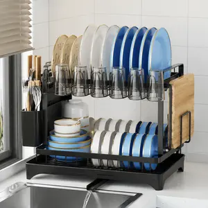 2026 New Model ，Double-Layer Kitchen Countertop Drain Rack, Can Hold Tableware, Carbon Steel Material,  Metal Material, with Drain Board,Kitchen Storage Rack，  kitchen organization