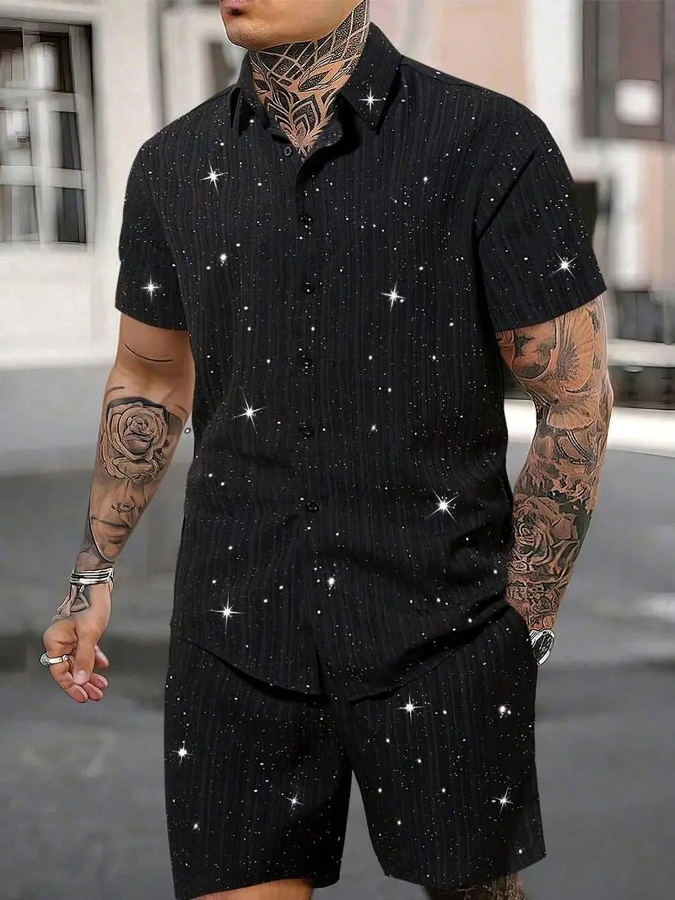 Men's Sequin Decor Shirt and Shorts Set, Stylish Two-Piece Matching Outfit for Summer Parties