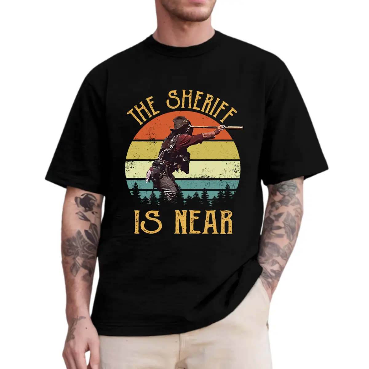 The Sheriff Is Near Western T-Shirt, Vintage Sheriff Graphic Tee, Funny Retro Cowboy Shirt for Men and Women