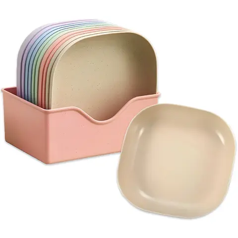 10-Piece Wheat Straw Plates & 1-Piece Storage Box Set, 5.5-in Thick Plastic Salad Plates for Birthday, Family Serving, Lightweight Unbreakable Kitchen Tableware