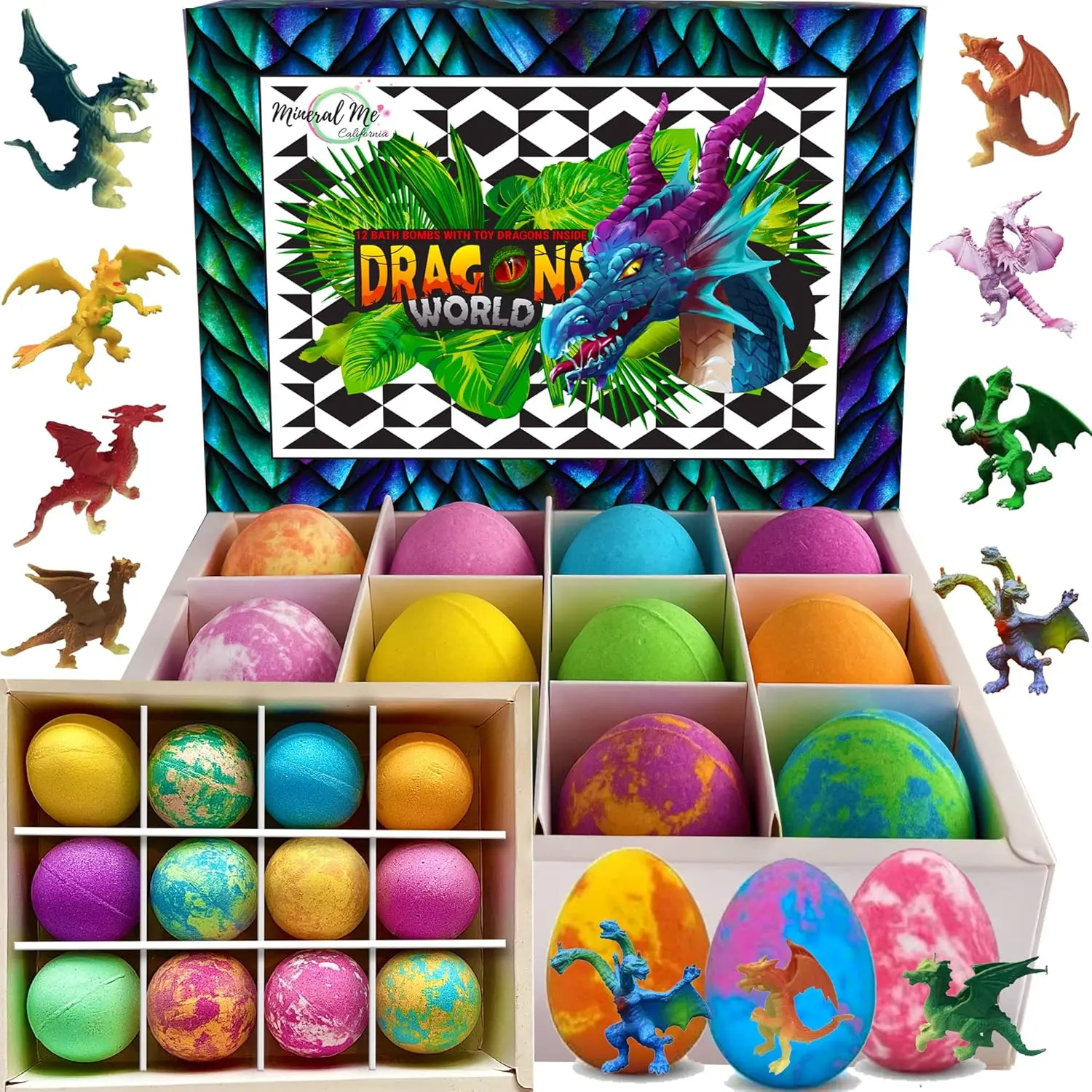 Bath Bombs for Kids with Surprise Inside - 12 Organic Bubble Bath Fizzies with Dragon Egg Toys. Gentle & Kids Friendly w/Rich Bubbles & Rainbow Colors, Easter Basket Essentials for Boys, Girls, Kids