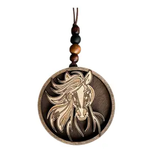 Western Horse Car Charm - Wooden Pendant with Horse Design and Beaded String Decoration Car Mirror Ornament