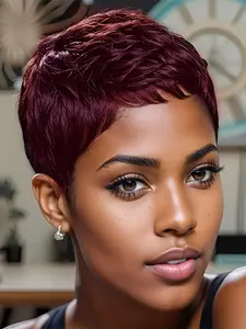 Short Straight Human Hair Wig, Burgundy, Machine Made Pixie Wig, Daily Party Use, Stylish Gift Wig, Layered Pixie Cut