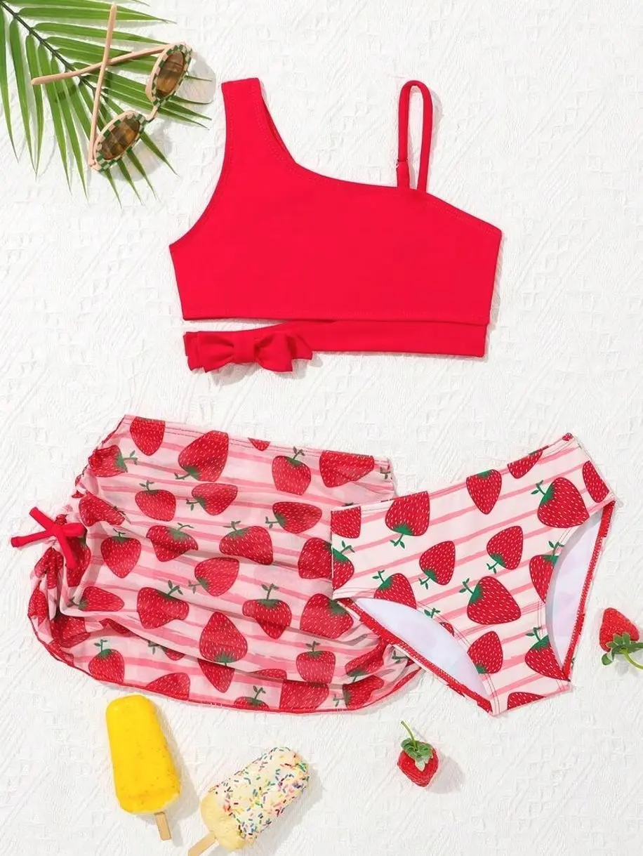 Girls Strawberry Print Bikini Swimsuit Set, Cute Two-Piece Beachwear for Summer Vacation