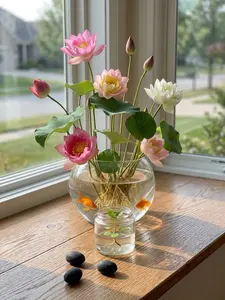 Lotus Flower Arrangement in Clear Glass Vase with Goldfish and Decorative Stones for Home Decor