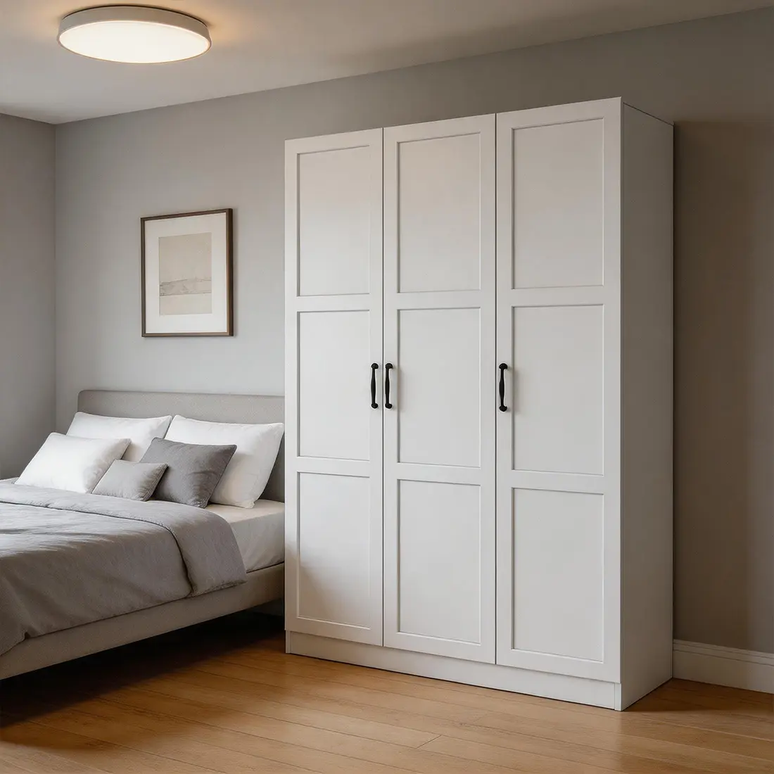 3 Doors Wooden Wardrobe Closet Armoire,Storage Cabinet for Hanging Clothes, Bedroom Large Capacity Freestanding Armoire,Wood Wardrobe Combination with Shelves