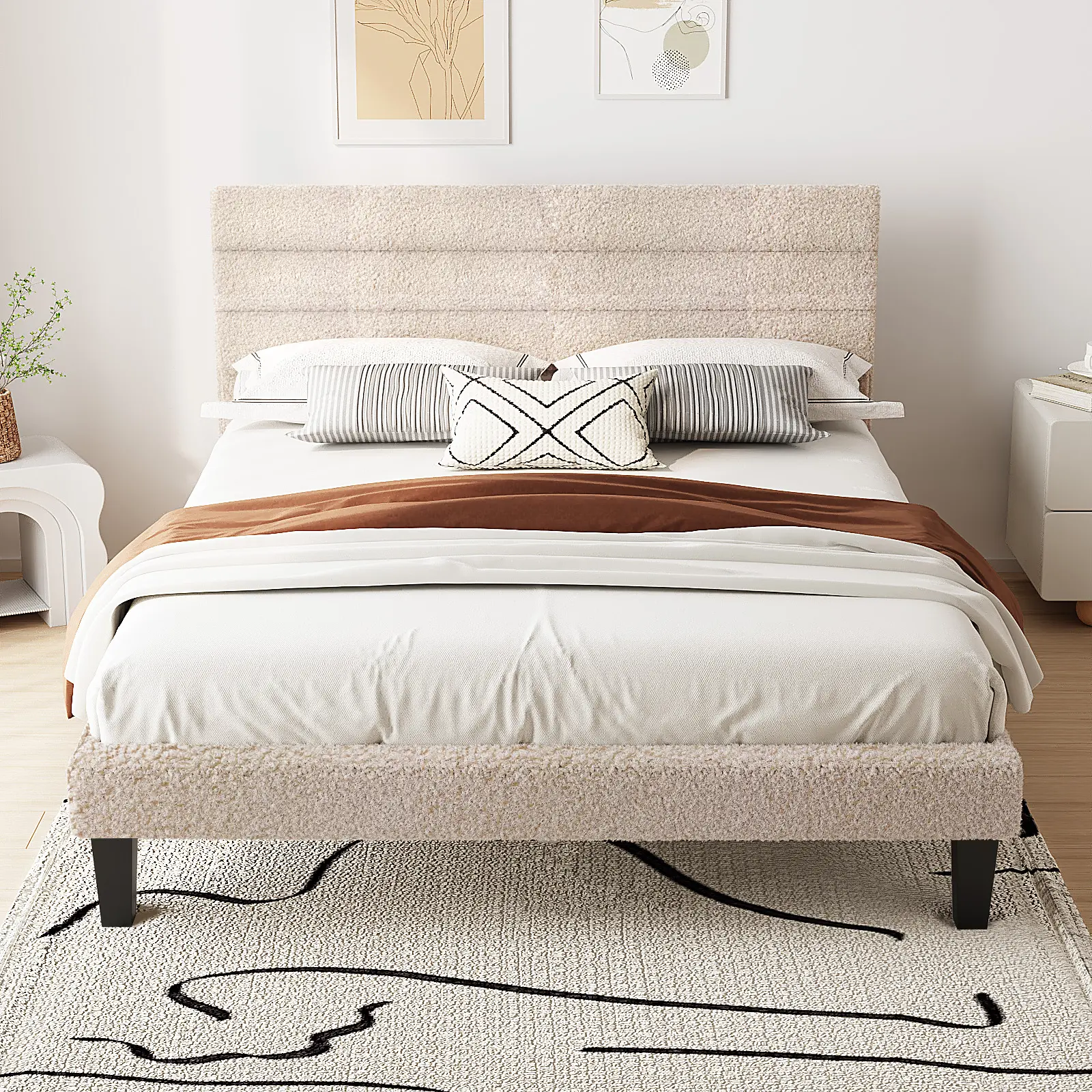 VINGLI Full/Twin/Queen Bed Cozy Loop Yarn & Striped Headboard Creamy Beige Luxury Bed with Soft Creamy Beige Upholstery and Cozy Loop Yarn Design