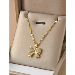 1PC Full Rhinestone Bowknot Necklace, Elegant Stainless Steel Pendant, Perfect Gift for Valentine's Day, Mother's Day & Special Occasions
