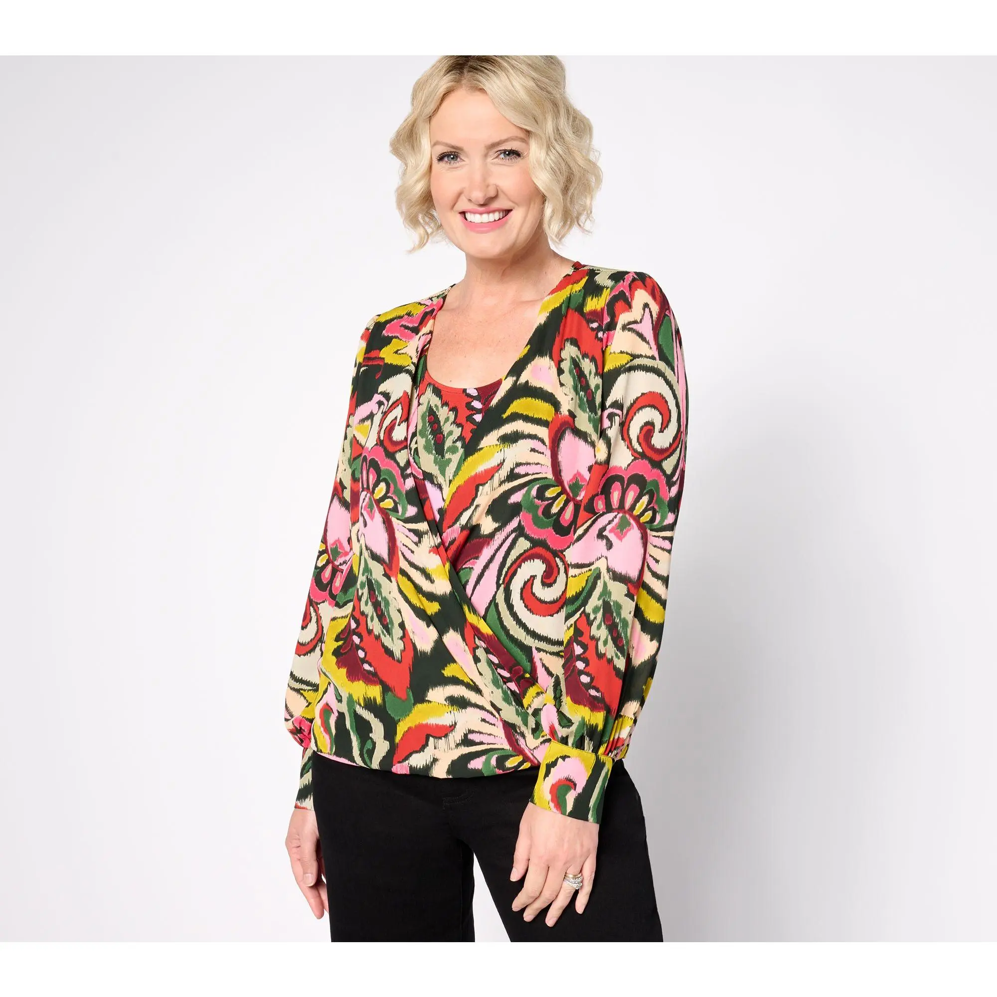 Susan Graver Printed Woven Blouson Top with Printed Knit Inner Tank