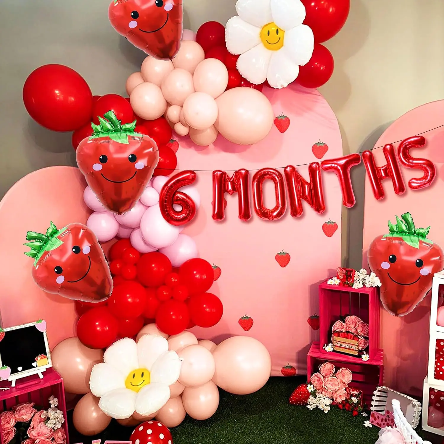 6 Months Red Strawberry Half Birthday Decorations Kit - Festive Banner, Party Balloons for Home Celebrations