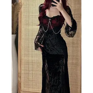 Summer Gothic Grunge Y2k Lace Dress Women Dark Academia Sexy Slim Party Dresses Korean Fashion Design Festival Long Prom Dress Formal Womenswear Workwear Basic