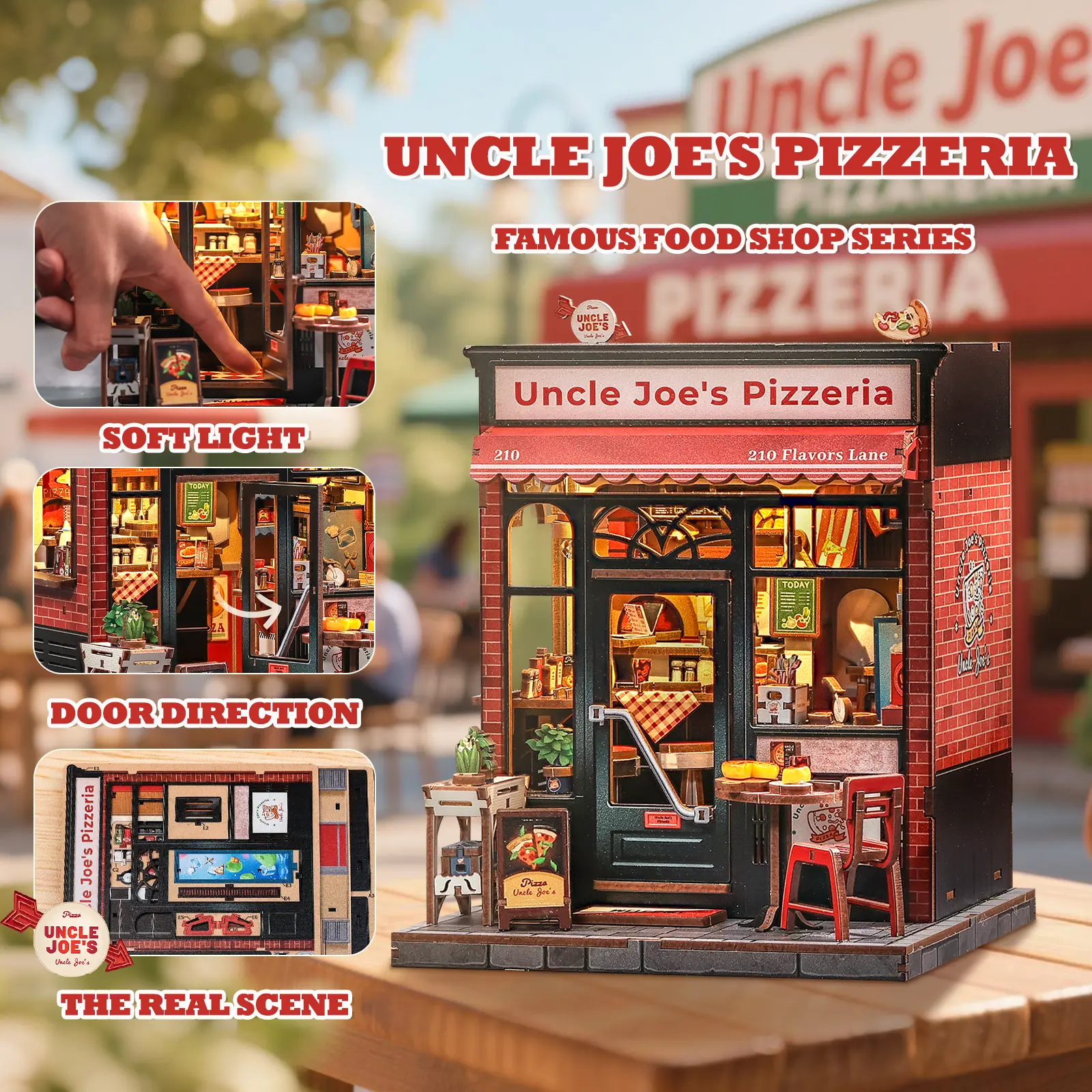 CUTEBEE DIY 3D Book Nook Kit - Uncle Joe’s Pizzeria Miniature Wooden Streetscape Pizza Shop with LED Light, Creative Building Block, Room Accessories, Handmade Decor, Collectible Model, Holiday Gift Construction Set