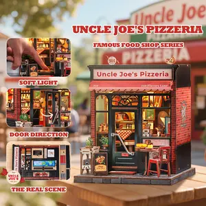 CUTEBEE DIY 3D Book Nook Kit Uncle Joe’s Pizzeria – Miniature Wooden Streetscape Pizza Shop with LED Light, Handmade 3D Dollhouse Decor | Holiday, Christmas and Black Friday Gift