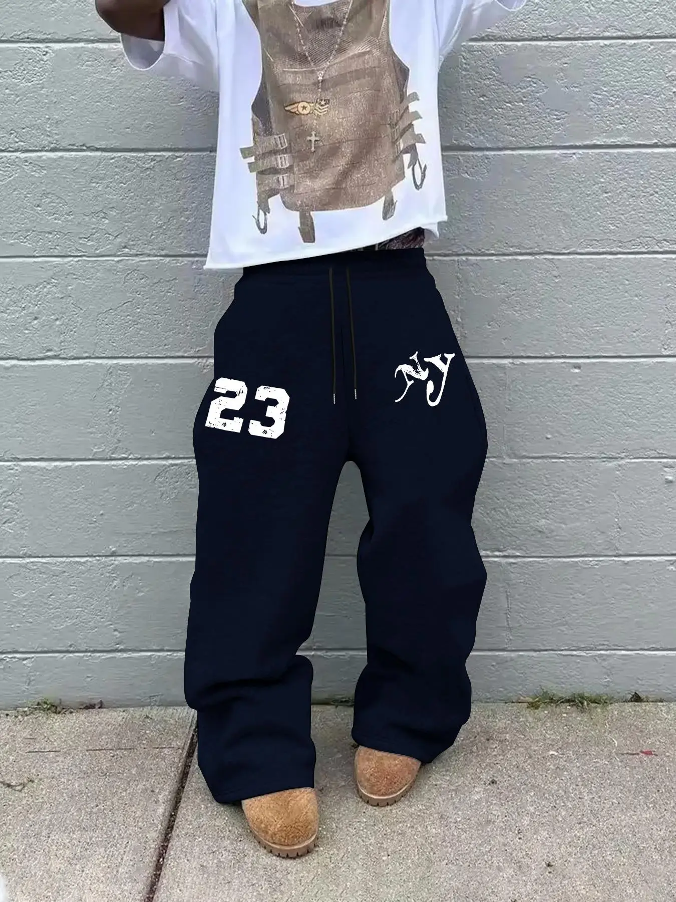 Men's Y2K street - style straight - leg loose sweatpants: Dark blue "23" & "NY" prints on light gray pants, distinct style. Lazy straight - leg fit, comfy & warm for winter casual daily wear, creating a trendy look