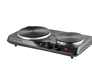 OVENTE Electric Countertop Double Burner, 1700W Cooktop with 7.25" and 6.10" Cast Iron Hot Plates, Temperature Control, Portable Cooking Stove and Easy to Clean Stainless Steel Base, Black