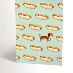 BIRTHDAY CARD with an illustration of a dachshund with hot dogs, funny sausage dog card