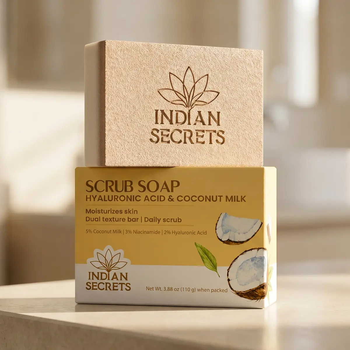 Indian Secrets Dual Texture Bar Body Care Scrub Soap, Gentle Nourishing Blend with Hyaluronic Acid, Coconut Milk, Niacinamide - Moisturizing for Soft Skin (6 Units x 110g/3.88oz Bundle), Hydrating, Multi-Pack