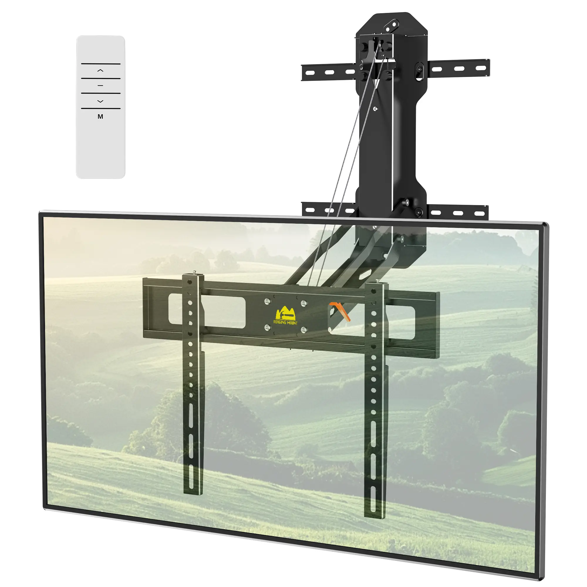FORGING MOUNT Steel Motorized Lift TV Wall Bracket with Remote, Electric Full Motion Pull-Down Arm for 32"-85" Flat/Curved TVs (Max 88lbs, VESA 600x400mm), Stud Mounted Flip Design for Flat Roof, Fireplace Tv Stands, Flush Retract