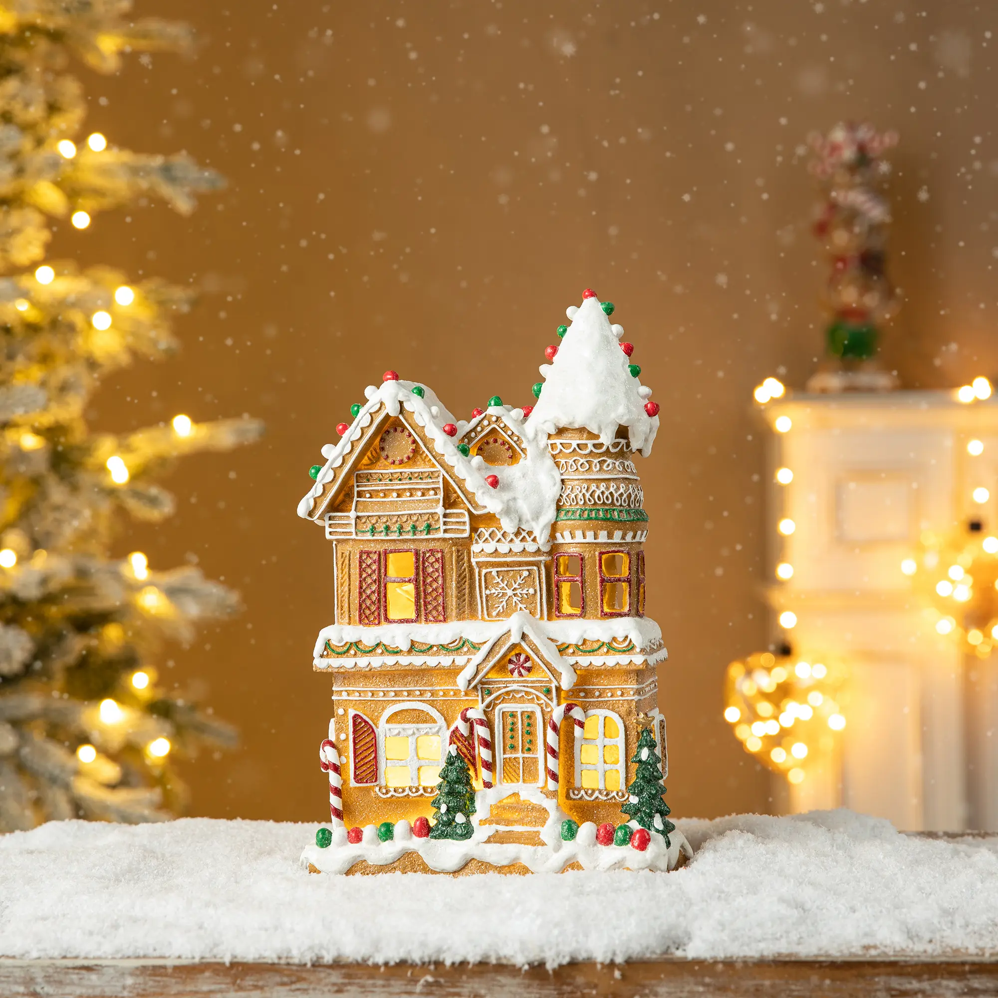 Glitzhome 12"H Resin Lighted Christmas Gingerbread House Table Decor，w/Timer