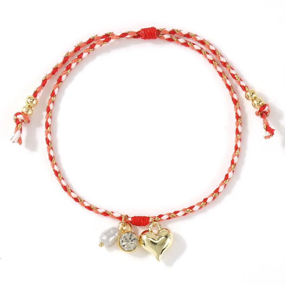 Striped Cotton Bracelet for Women, Bohemian Beachwear Jewelry with Heart Pendant, Freshwater Pearl & Cubic Zircon Crystal, Adjustable, Adjustable Size, Cotton Thread, Freshwater Pearl Charm, Daily, Female, Beautiful Bracelets, Exquisite Bracelet