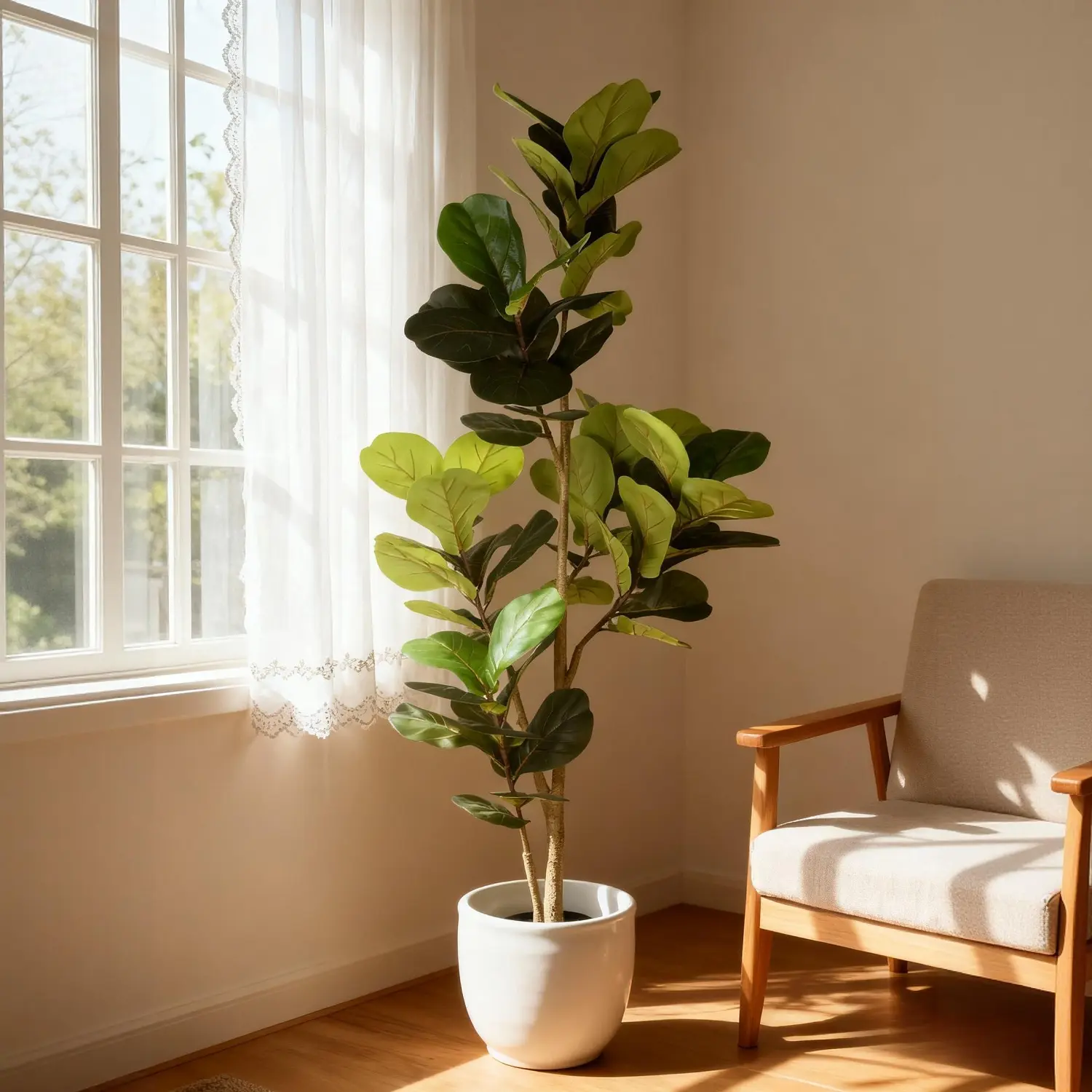 Artificial Fiddle Leaf Fig Tree, 6ft & 7ft Two Sizes, Faux Plant with Black Pot, Realistic Indoor Greenery for Living Room Home Office Decor