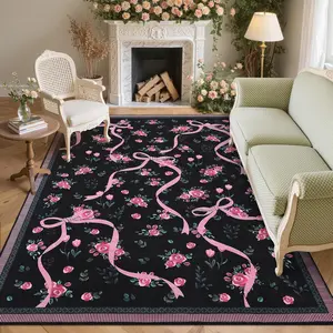 Bedroom rug, black and pink rose bow rug, living room rug, washable, soft, non-slip rug, Soft Washable Rugs, floral area rug, floral pattern rug decoration, multi-functional for living room, bedroom, etc., enhancing safety comfort