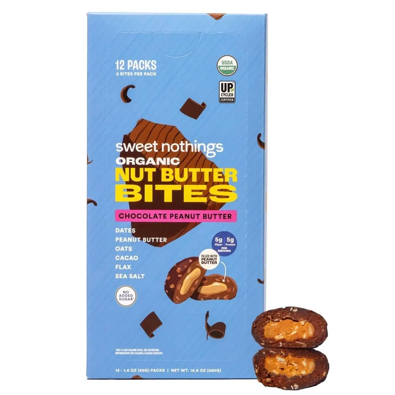 Sweet Nothings, Chocolate, USDA Organic Nut Butter Bites Protein Bar, Nut & Date Snack, Filled with Peanut Butter, 12-2 Bite Value Packs - No Added Sugar, Good Source of Fiber, Only 7 Ingredients
