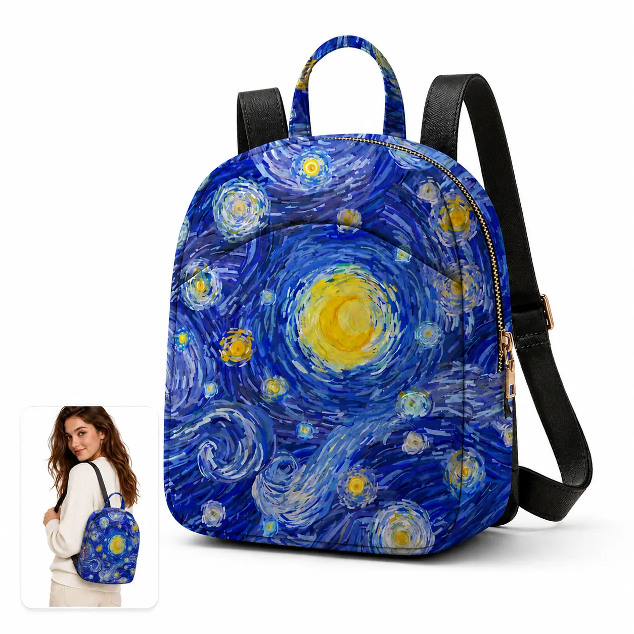ALIKPOP Women’s Cute Retro Starry Swirl Blue Mini Backpack Purse - Art-Inspired Lightweight Travel-Ready Daypack with Adjustable Straps, Zipper Closure for Daily Outings