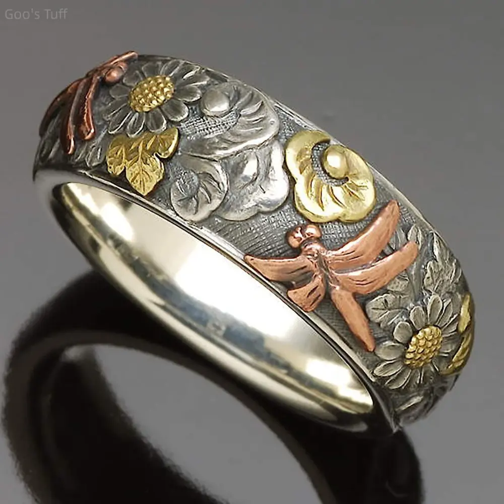 Women's Vintage Engraved Band Ring, Fashion Hand Jewelry with Floral Dragonfly Sunflower Nature Patterns, Cross-Border Design for Boho Travel & Daily Outfits