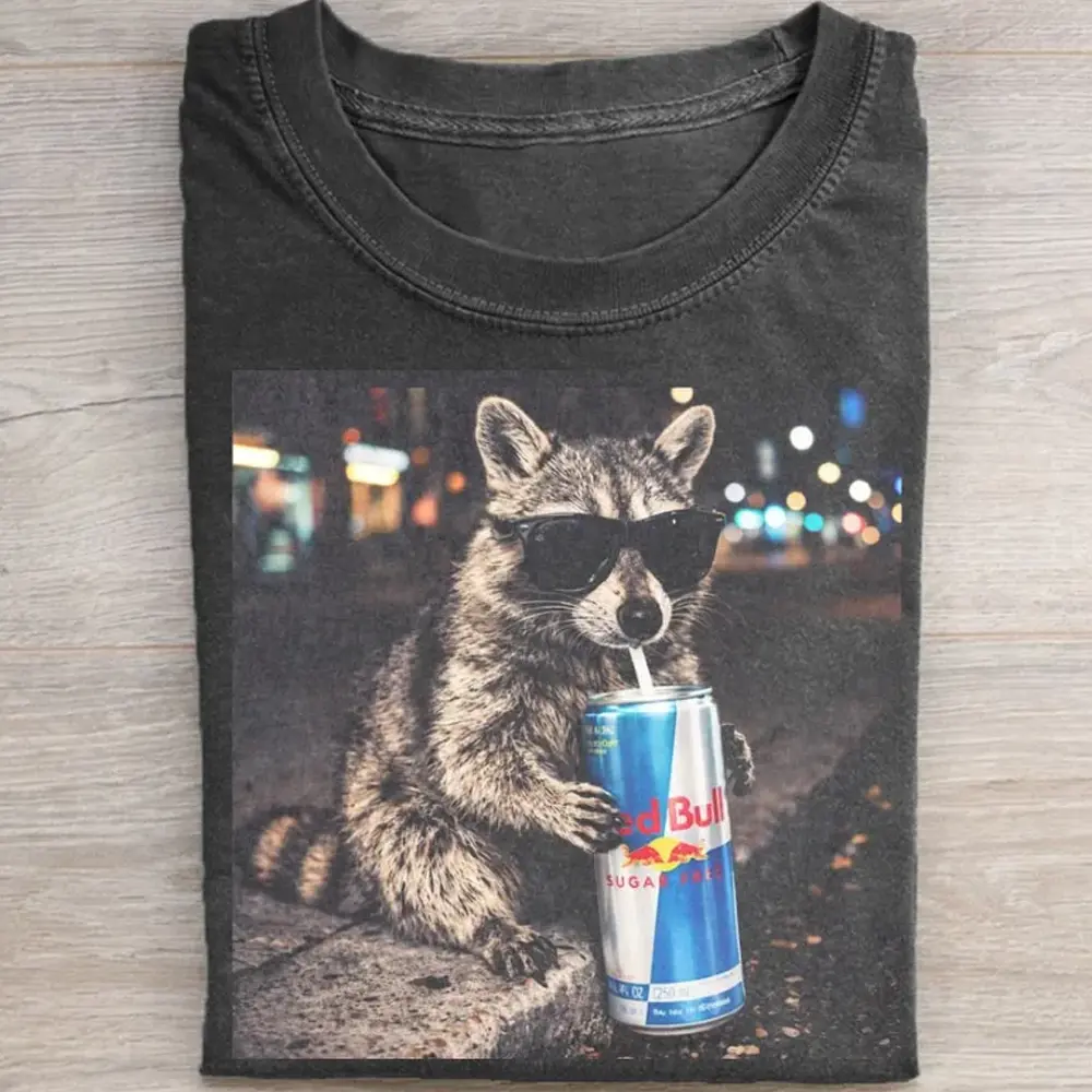 Vintage Raccoon Energy Drink Pepper Color Shirt, Oversize, Womens, Mens, Retro Shirt, Vintage Graphic Tee Vintage wash