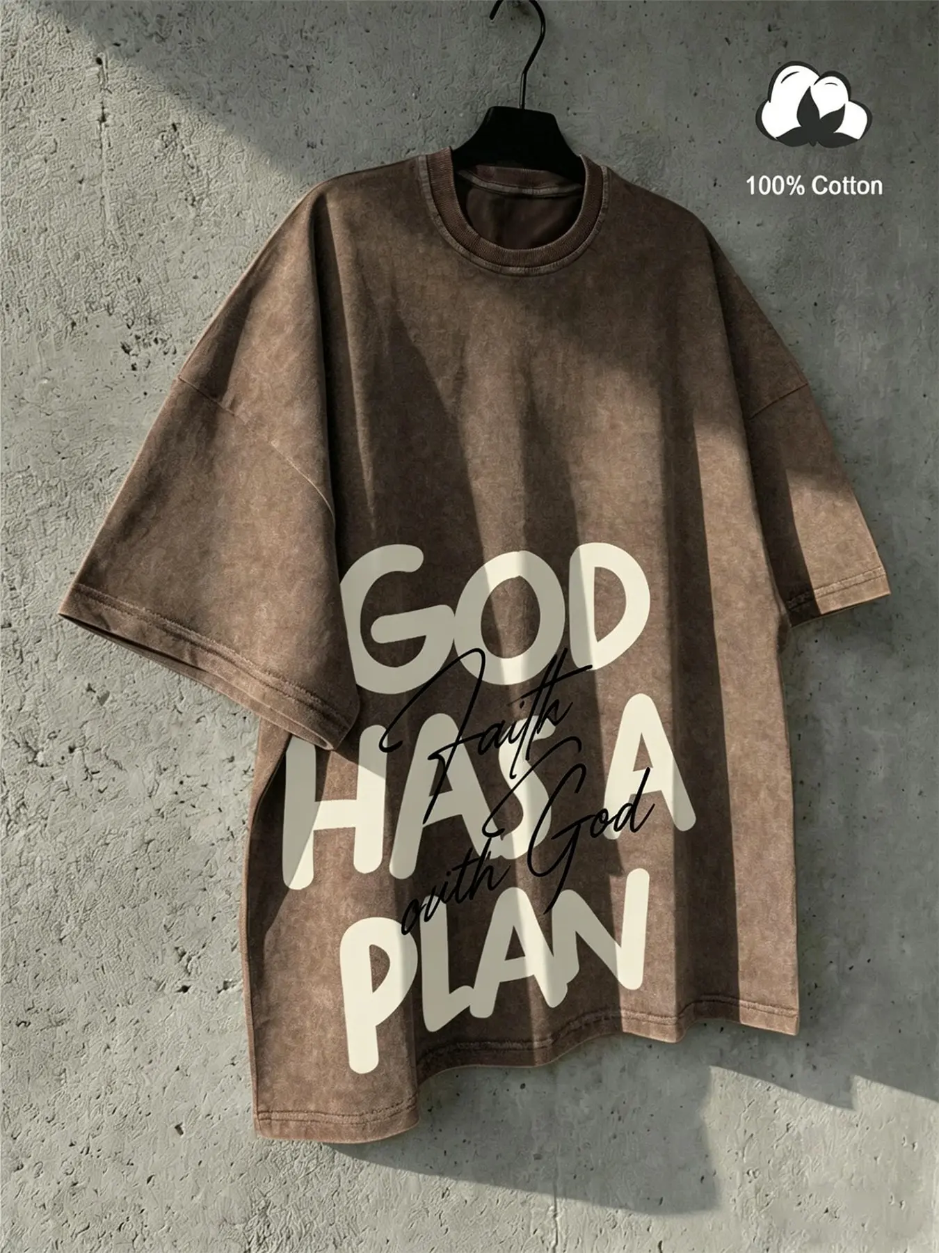 Unisex Vintage Christian Streetwear Tee, Summer "God has a plan" religious slogan print distressed washed 100% cotton 230g heavyweight short-sleeved T-shirt, perfect for casual street wear, men's gifts, couple outfits, Vibe