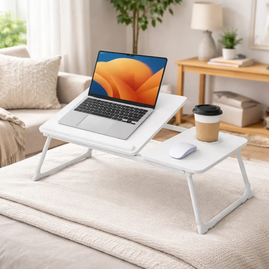 Folding Laptop Table - Foldable Adjustable Height Laptop Stand with Cup Holder, Portable Computer Tray for Couch, Bed Use (Reading, Working)