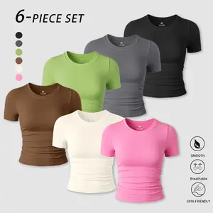 Hijesse Women's solid color crew neck sports t-shirt, sports short sleeve crew neck t-shirt, slim fit and stretchy, perfect for yoga, gym, workout, daily outdoor wear, women's sportswear